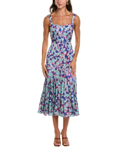 Saloni Karen Crackle Stamped Satin Midi Dress In Multi