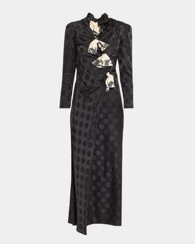Saloni Kelly-b Polka Dot Silk Satin Draped Dress In Black