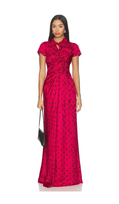 Saloni Kelly Long Dress In Raspberry Polka Dot