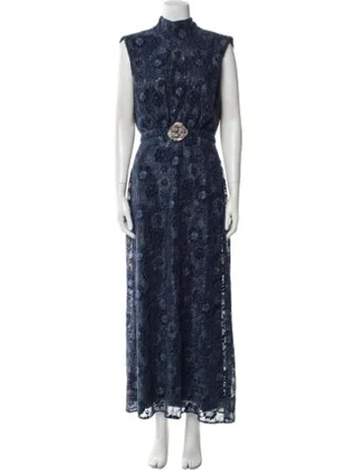 Pre-owned Saloni Lace Pattern Long Dress In Blue