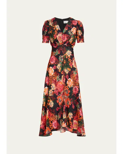 Saloni Lea Floral Silk Jacquard Button-front Midi Dress In Multi