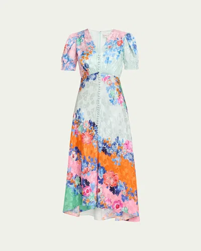 Saloni Lea Floral Silk Jacquard Button-front Midi Dress In Multi