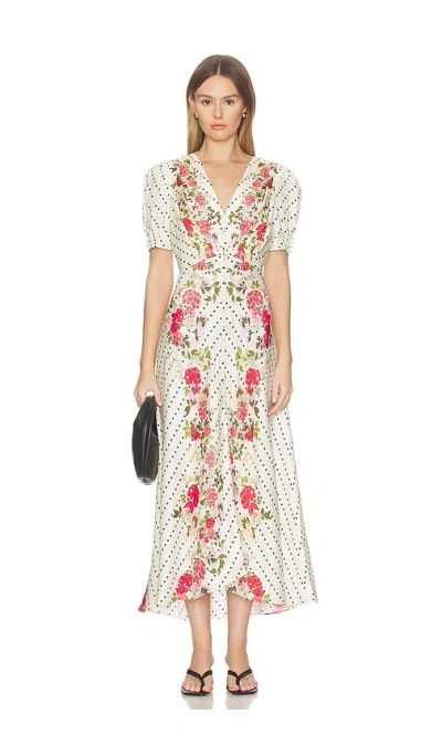 Saloni Lea Polka-dot Floral-print Silk-jacquard Midi Dress In White