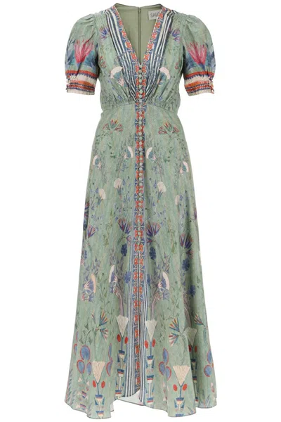 Saloni Lea Long Dress In Printed Silk In Green