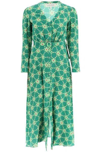Saloni 'lea' Long Shirt Dress In Silk Crepe In Green