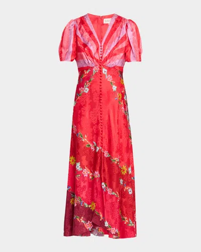 Saloni Lea Printed Long Dress In Red