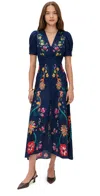 Saloni Lea Silk Dress Corsage Bloom Plmt In Blue