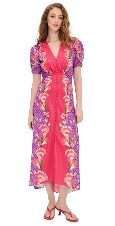 Saloni Lea Silk Dress Feather Raspberry Plmt In Multi