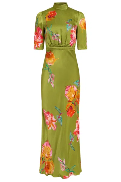 Saloni Lilia Garden Adele-b High Neck Double Bow Viscose Dress In Multi