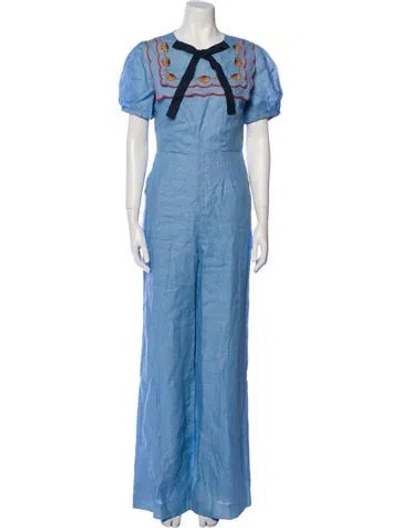 Pre-owned Saloni Linen Crew Neck Jumpsuit In Blue
