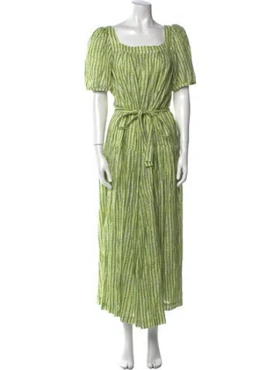 Pre-owned Saloni Linen Long Dress In Green