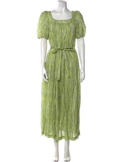 Pre-owned Saloni Linen Long Dress In Green