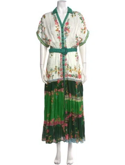 Pre-owned Saloni Linen Long Dress In Green
