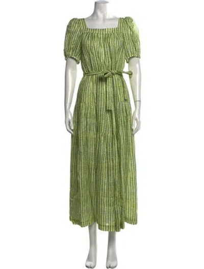 Pre-owned Saloni Linen Long Dress In Green