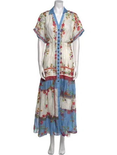 Pre-owned Saloni Linen Long Dress In Multi
