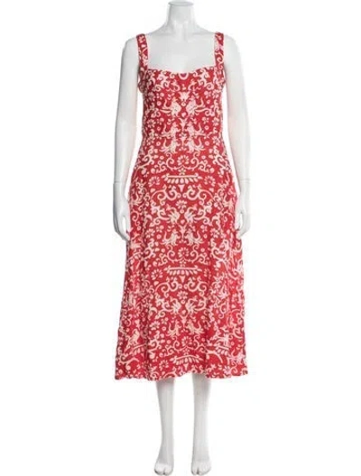 Pre-owned Saloni Linen Midi Length Dress In Red