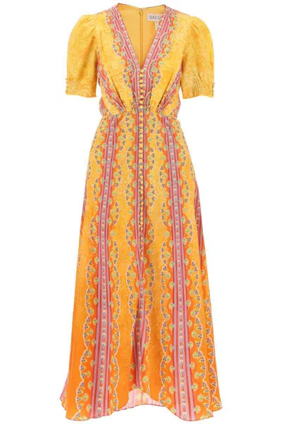 Saloni Long Silk Dress Lea In Yellow