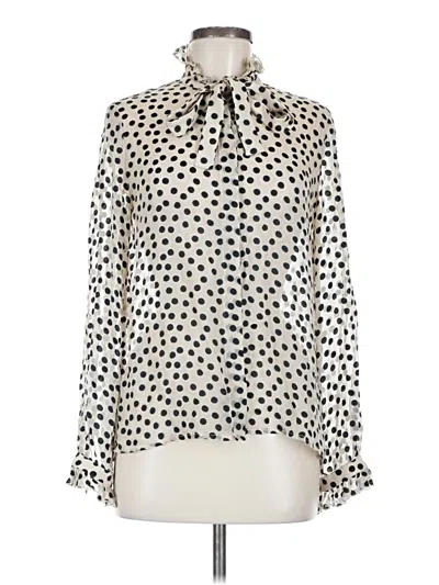 Pre-owned Saloni Long Sleeve Silk Top Ivory Polka Dots Pattern Tie Neck Tops In White