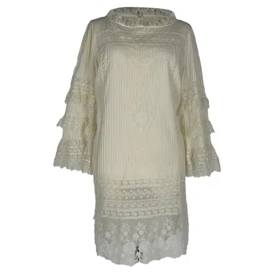 Pre-owned Saloni Lori B Pintucked Ruffled Mini Dress In White Cotton