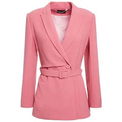 Saloni Maxima Double-breasted Belted Crepe Blazer In Pink Viscose