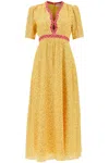Saloni Silk Tabitha Flared Dress With Plant Pattern In Ambra Sunrise Plmt (yellow)