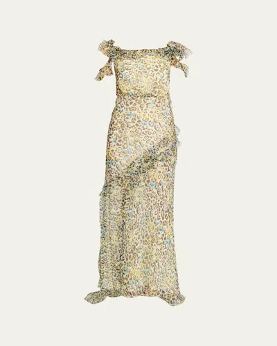 Saloni Nina Leopard Ruffled Chiffon Dress In Neutral
