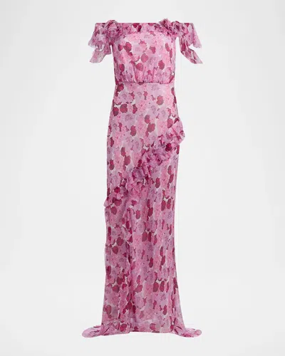 Saloni Nina Leopard Ruffled Chiffon Dress In Pink