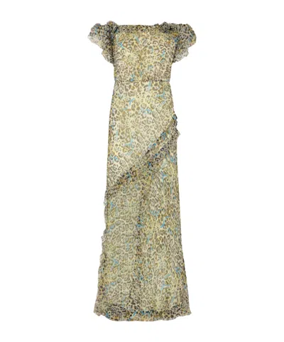 Saloni Nina Off-the-shoulder Ruffled Printed Silk Gown In Green