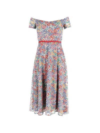 Pre-owned Saloni Off-shoulder Floral-print Midi Dress In Neutral