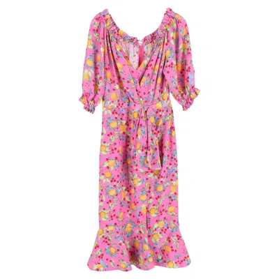 Saloni Olivia Lemon-print Midi Dress In Multicolor Silk In Pink