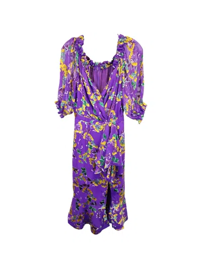 Pre-owned Saloni Olivia Wrap-effect Floral Dress In Purple