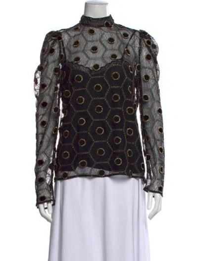 Pre-owned Saloni Patterned Mock Neck Top In Black