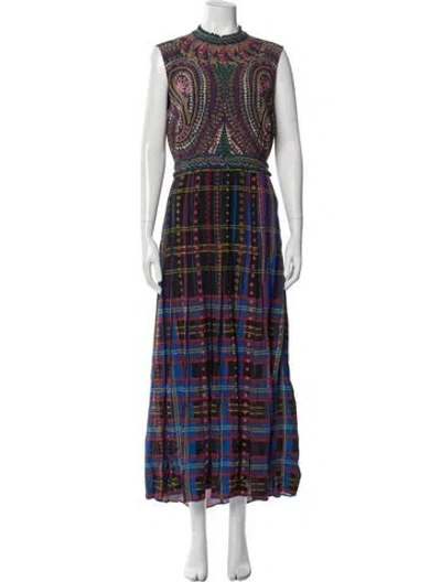 Pre-owned Saloni Plaid Print Long Dress W/ Tags In Blue