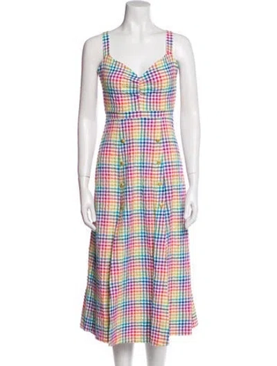 Pre-owned Saloni Plaid Print Midi Length Dress In Blue