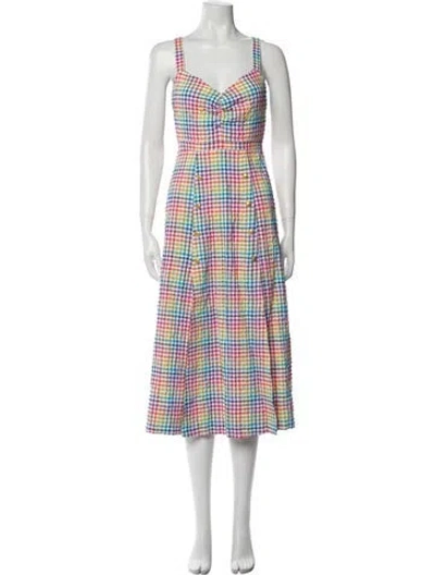 Pre-owned Saloni Plaid Print Midi Length Dress In Pink