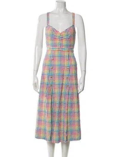Pre-owned Saloni Plaid Print Midi Length Dress In Pink