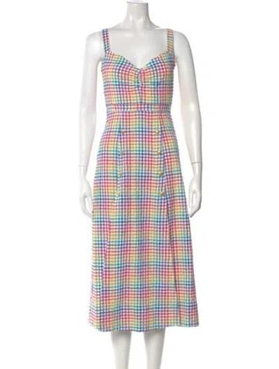Pre-owned Saloni Plaid Print Midi Length Dress In White