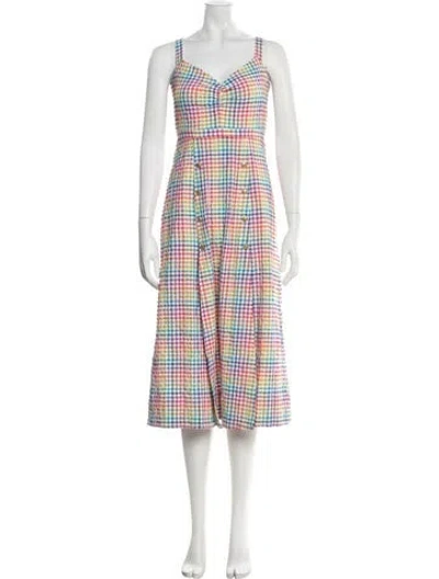 Pre-owned Saloni Plaid Print Midi Length Dress In White
