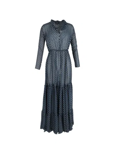 Pre-owned Saloni Polka Dot Maxi Long Sleeve Dress In Blue