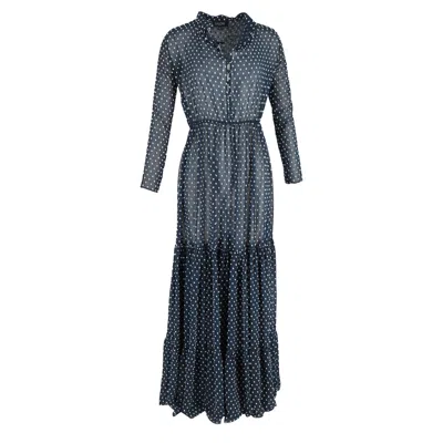 Saloni Polka Dot Print Maxi Long Sleeve Dress In Navy Blue Polyester