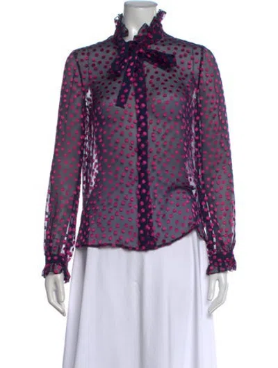 Pre-owned Saloni Polka Dot Print Tie Neck Blouse In Blue