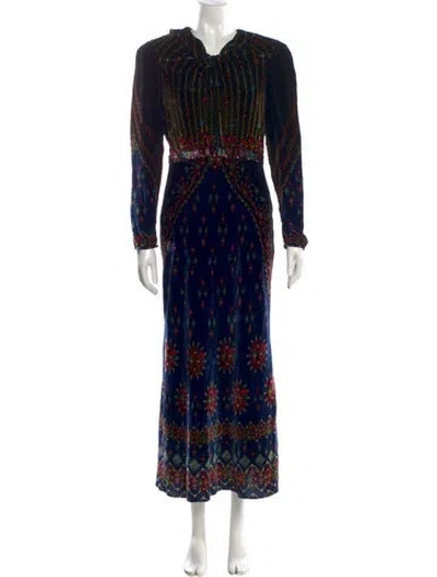 Pre-owned Saloni Printed Long Dress In Blue