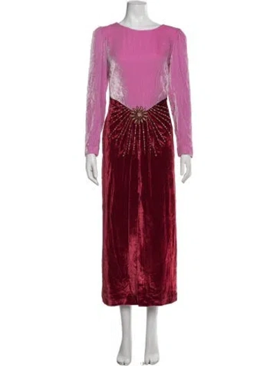 Pre-owned Saloni Printed Long Dress In Burgundy