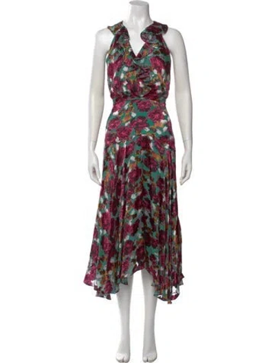 Pre-owned Saloni Printed Long Dress In Green