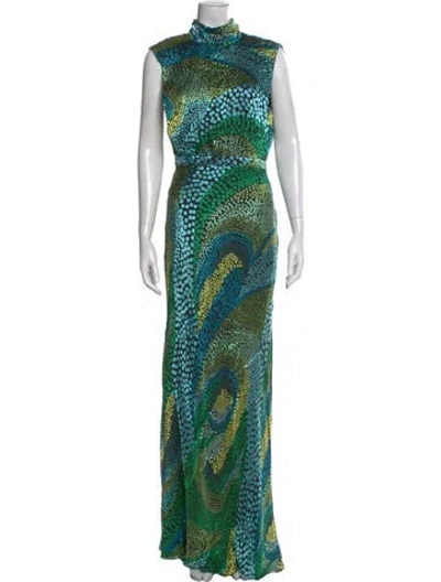 Pre-owned Saloni Printed Long Dress In Green
