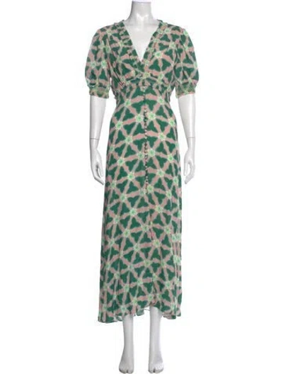 Pre-owned Saloni Printed Long Dress In Green/pink