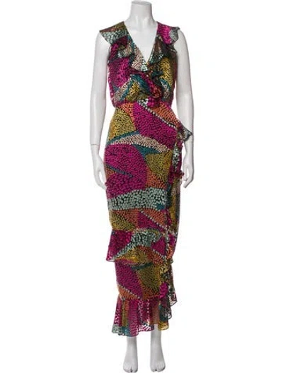 Pre-owned Saloni Printed Long Dress In Multi