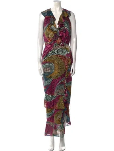 Pre-owned Saloni Printed Long Dress In Purple