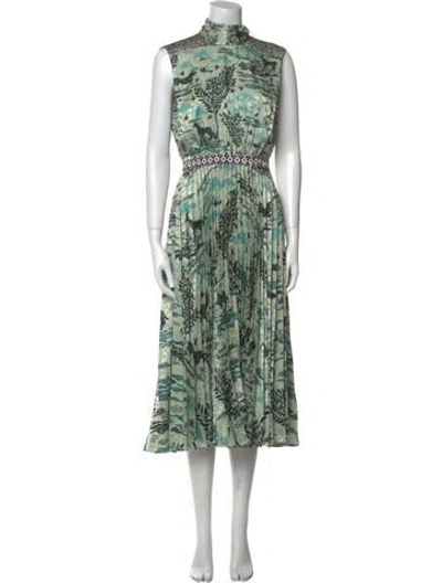 Pre-owned Saloni Printed Midi Length Dress In Green