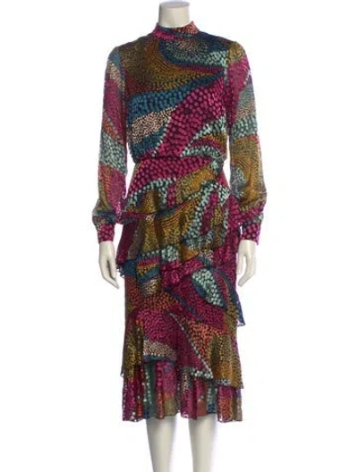 Pre-owned Saloni Printed Midi Length Dress In Pink